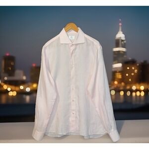 Pini Parma Linen Shirt Men 17 / 43 Pink Spread Collar  Long Sleeve Italy